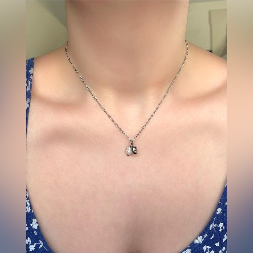 Silver Lotus and Pearl Charm Necklace